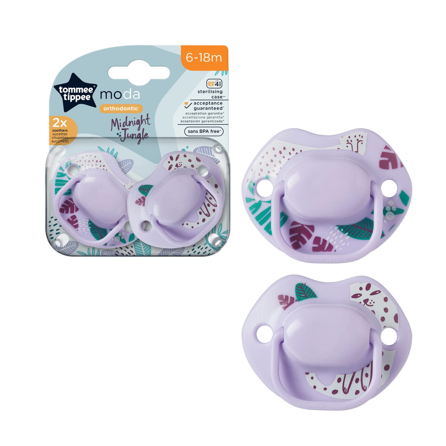 Tommee Tippee Moda Soothers, Symmetrical Orthodontic Design, BPA-Free Silicone Baglet, Includes Steriliser Box, 6-18m, Pack of 2, Purple