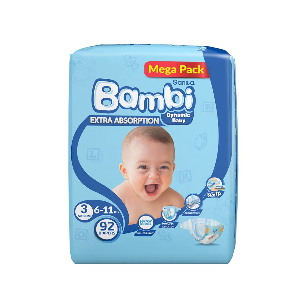 Sanita Bambi Baby Diapers Mega Pack Size 3, Medium, 6-11 KG, 92 Count