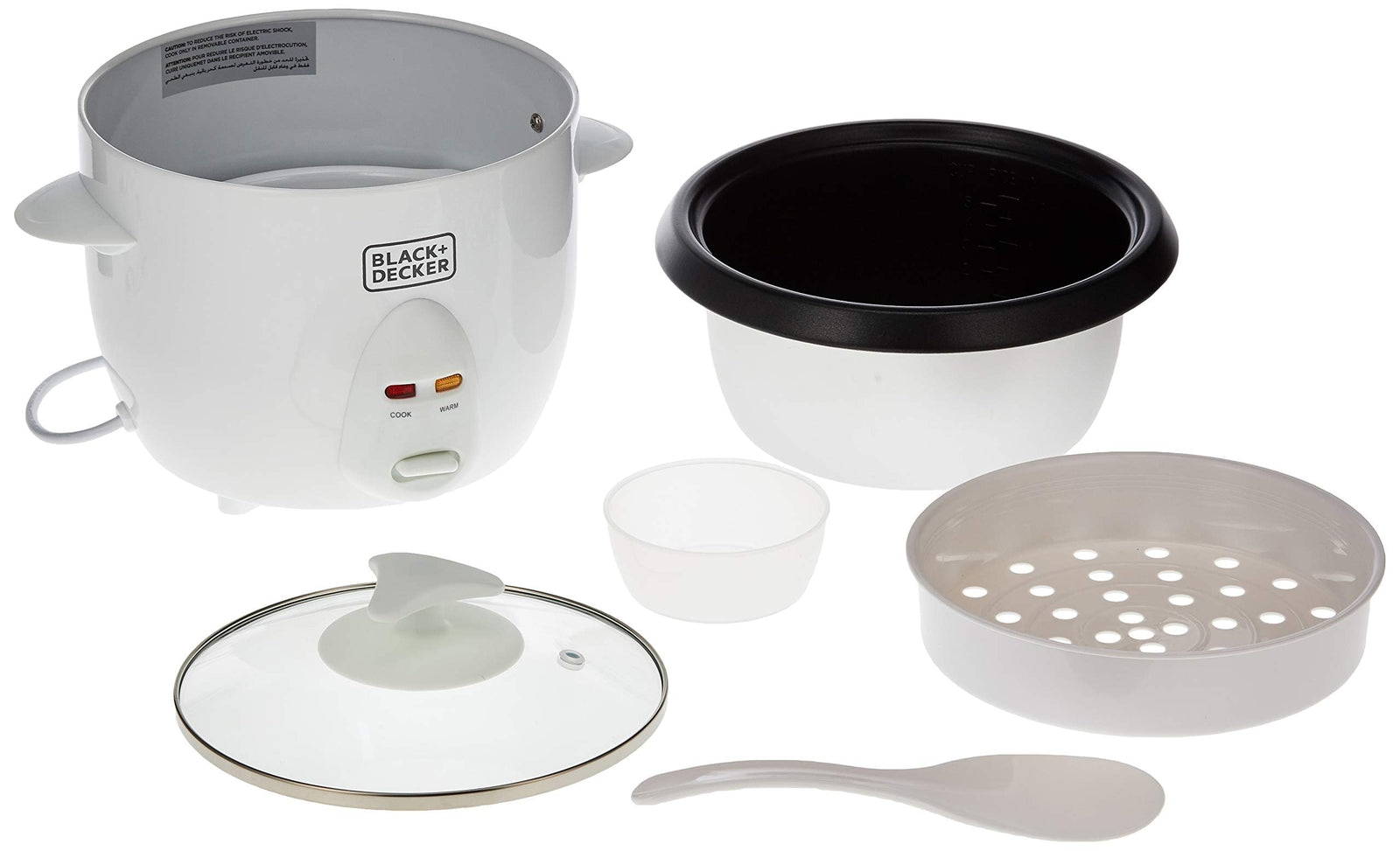 BLACK+DECKER Rice Cooker, 400W, 1L Capacity, Removable Nonstick Bowl, Steaming Tray, Glass Lid, Cool-Touch Design, Auto Warm Function, Water Level Indicator, Quick Meals, 220-240V, White - RC1050-B5