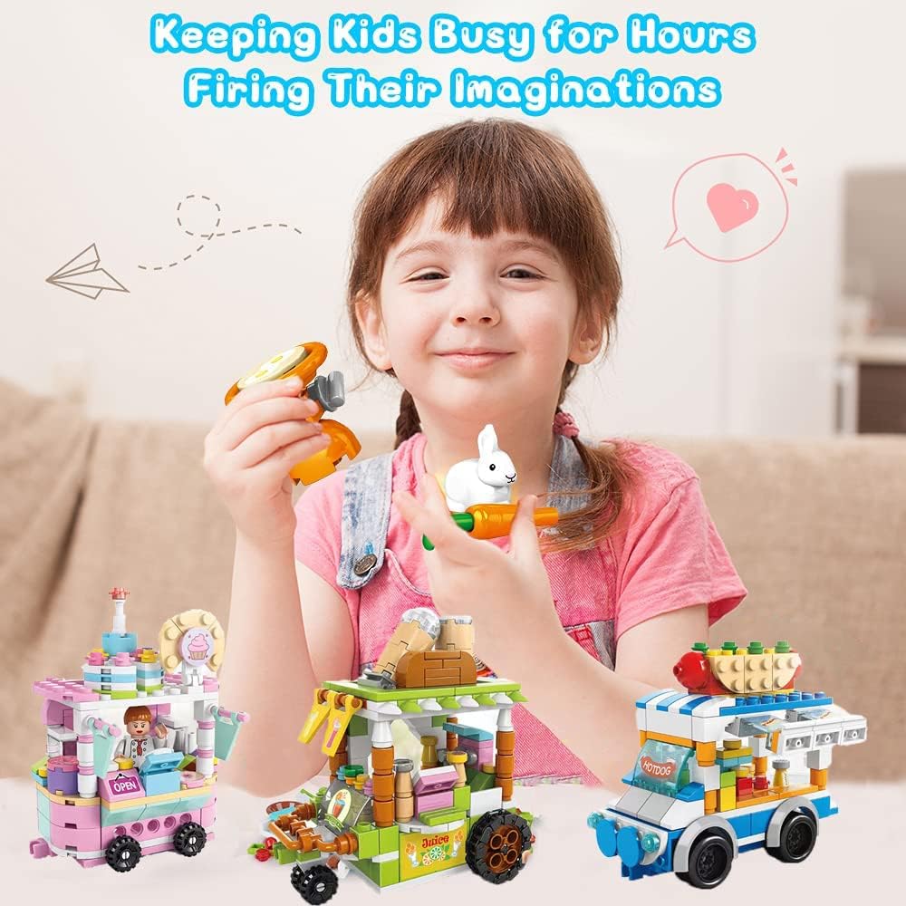 GGEROU Food Cart Building Block Toy Set for Kids，Building Block Playset，Building Kit Street Food Construction Toys Gifts for Boys Girls Aged 4 5 6 7 8+ (Dessert Cart)