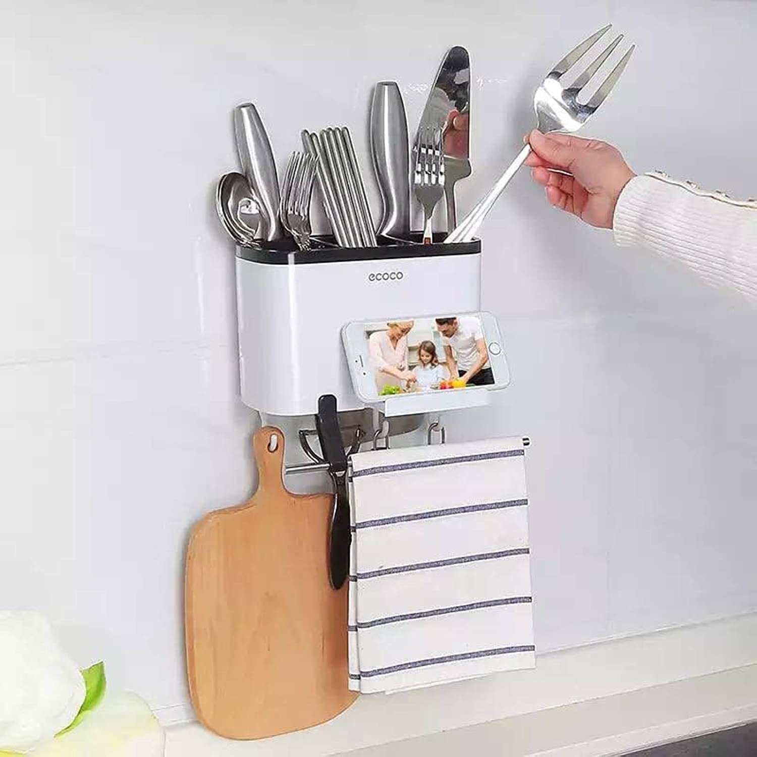 Ecoco kitchen tools and towel holder with 4 hook and stick stand double face by ecoco. - White /  Grey