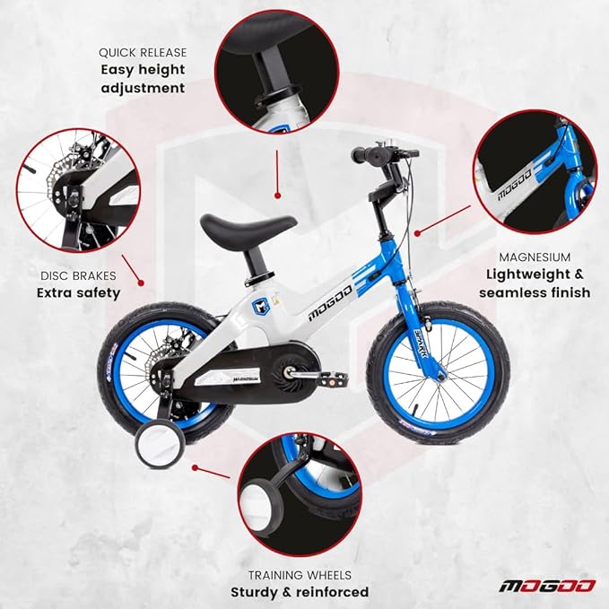 Mogoo Spark Kids Magnesium Alloy Lightweight Bike for 2-8 Years Old Boys Girls, Adjustable Height, Disc Handbrakes, 12in 14in 16-Inch Bicycle w Training Wheels