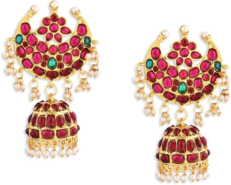 ZAVERI PEARLS Pink And Green Stones Base Metal South Indian Style Traditional Jhumki Earring For Women - Zpfk9526