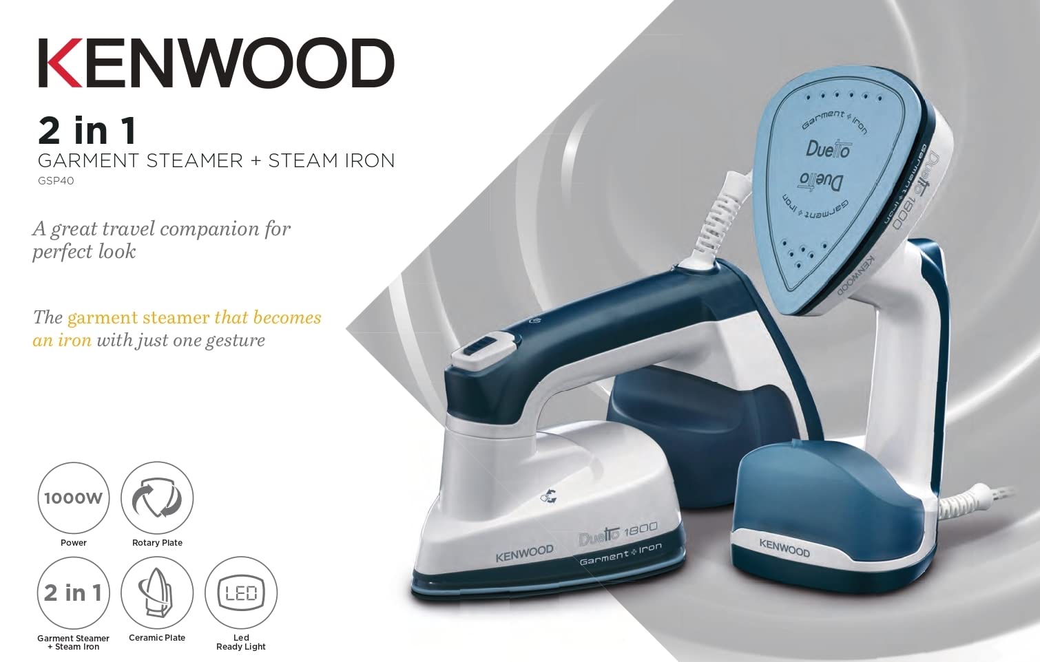 KENWOOD 2-in-1 Garment Steamer + Steam Iron 1000W with Rotary Plate, Ceramic Soleplate, LED Light GSP40.000WB White/Blue