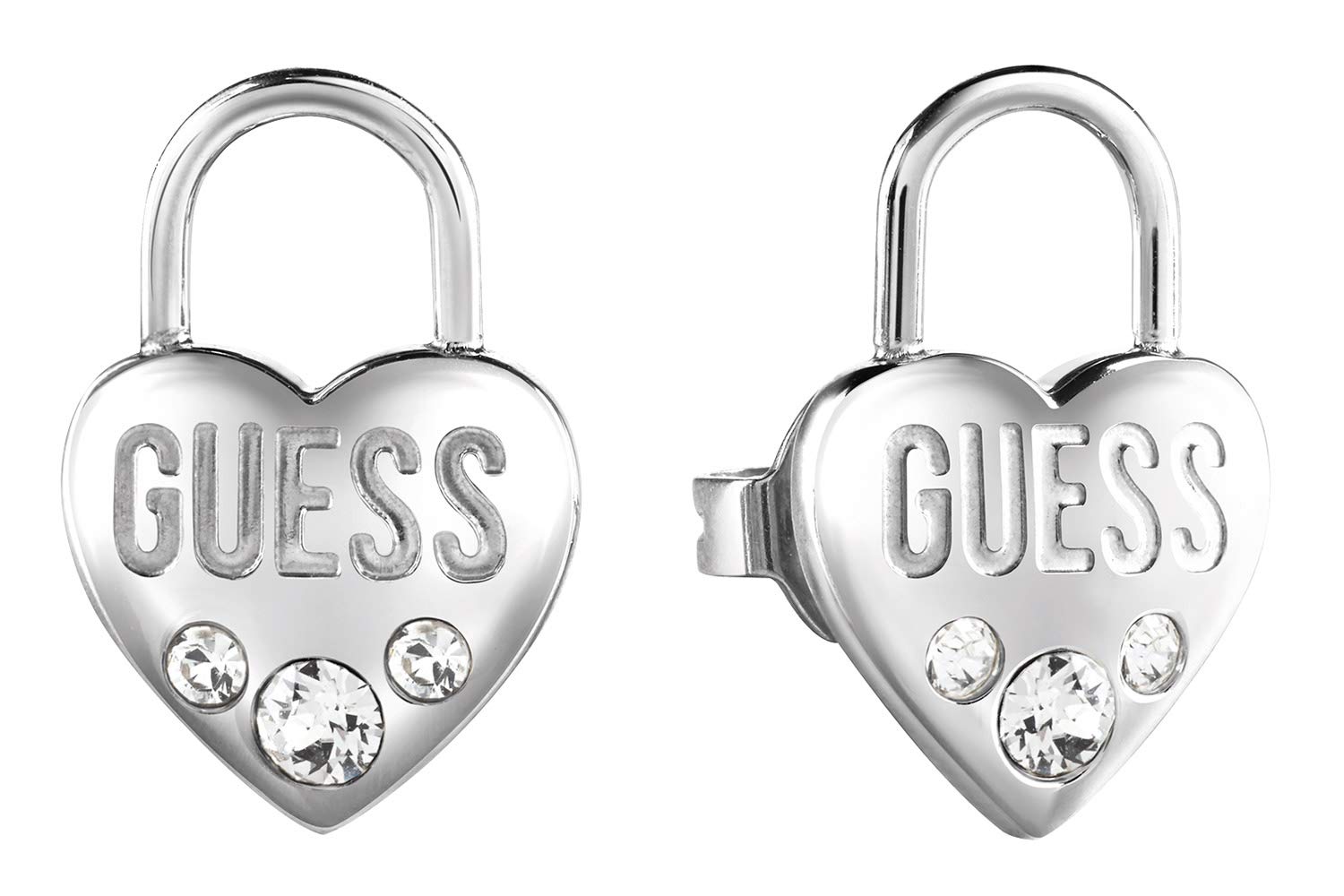 Guess UBE20054 Stainless Steel Zircon Embellished Stone Heart Lock Shaped Stud Earrings for Women -Not a precious stone