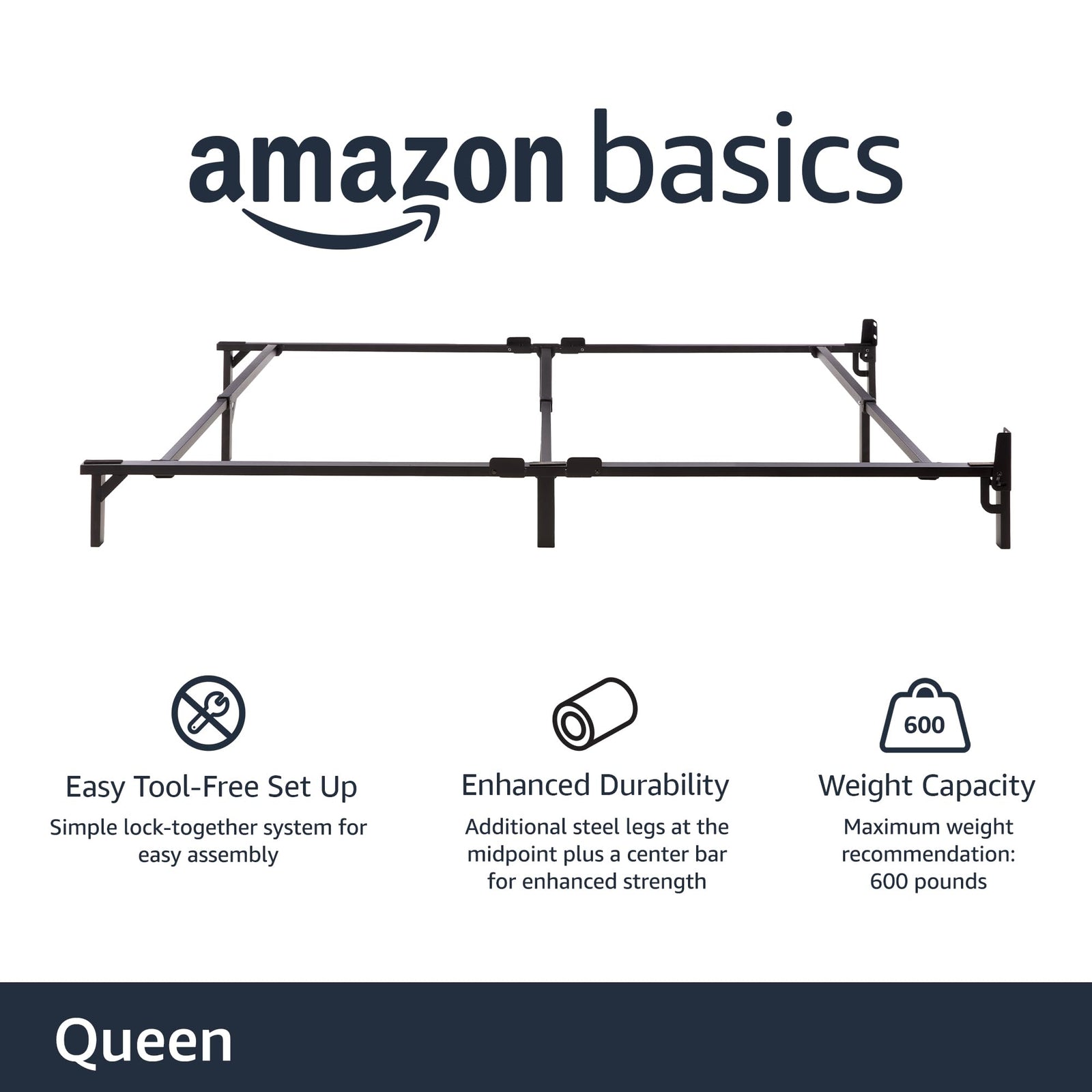 Amazon Basics Metal Bed Frame, 9-Leg Base for Box Spring and Mattress, Queen, Tool-Free Easy Assembly, Black, 201.9 cm L x 152.4 cm W x 17.7 cm H