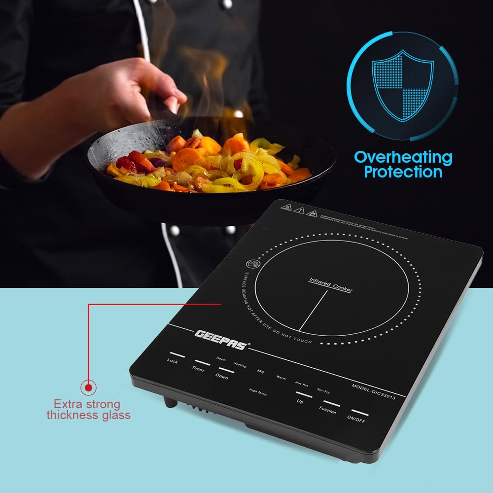 Geepas 4 Digit LED Display Digital Infrared Cooker, GIC33013 | 8 Temperature Settings | 3hrs Programmable Timer | 2000W Ceramic Heating Element