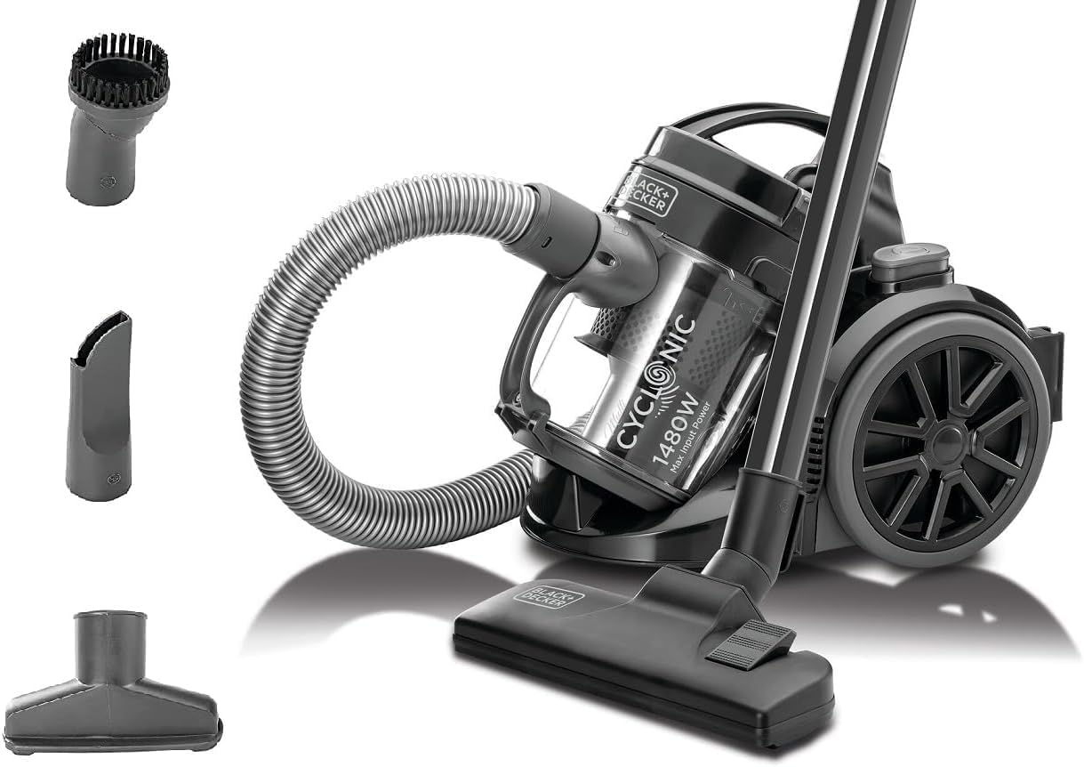 Black & Decker 1480W Corded Vacuum Cleaner, 1.8L Capacity, Multi-Cyclonic Bagless with 18KPa Suction Power, 6-Stage Filtration, and 360° Swivel Hose (Model VM1480-B5)