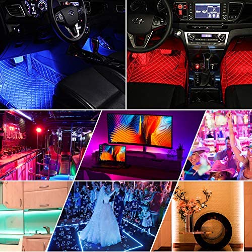 Car LED Strip Lights, 4pcs 48 USB LED Interior Lights, MultiColor Music Car Strip Light Under Dash Lighting Kit with Sound Active Function and Remote Controller, DC 5V