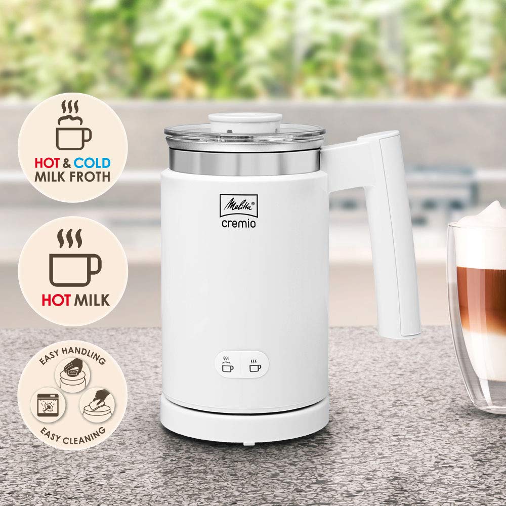 Melitta CREMIO Premium Milk Frother, For Cold & Warm Milk Coffee, Electric Milk Steamer, Soft Foam Maker, White