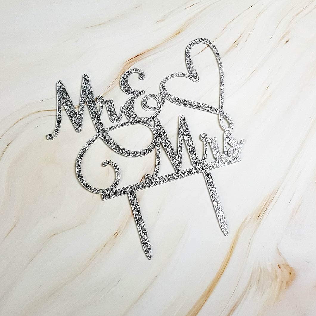 Aminery Mr and Mrs Cake Topper, Bride and Groom Sign Wedding / Engagement Cake Toppers Decoration, Silver Glitter Acrylic