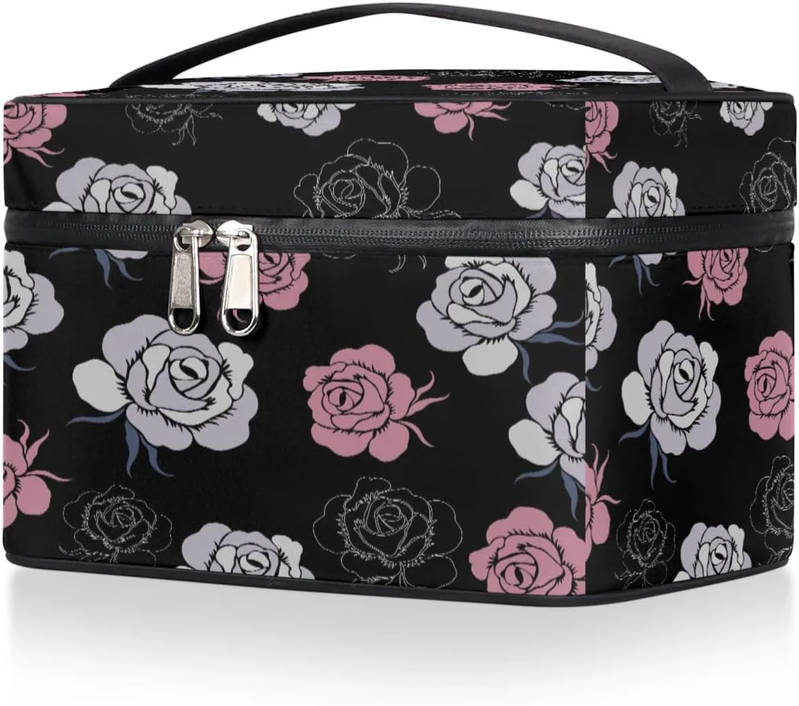 lakefvgk Travel Makeup Bag, Rose Cosmetic Bag for Women Girls, Portable Large Toiletry Bag Case Organizer for Toiletries Accessories Brushes