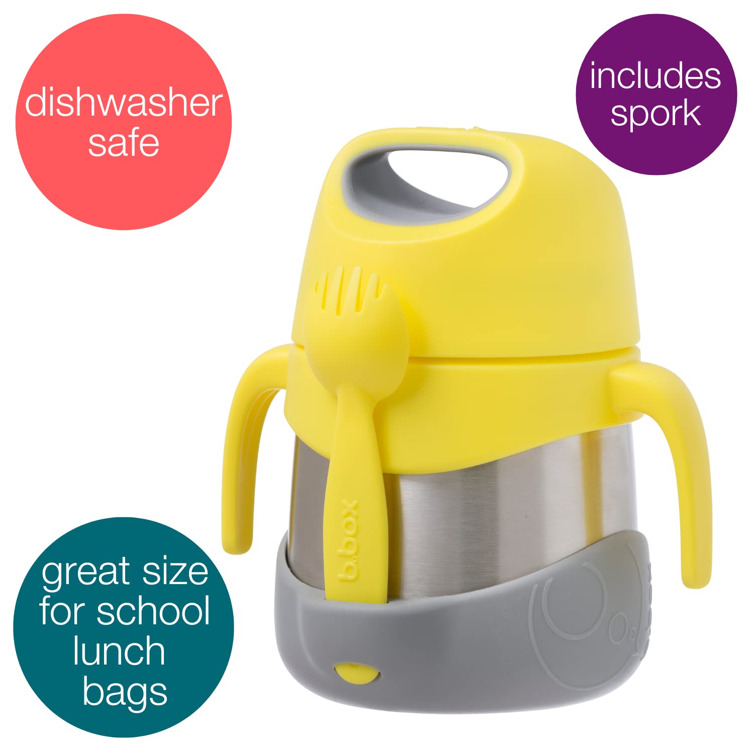 b.box Insulated Food Jar with Spork for Toddlers | Easy Open Container for Toddlers | Stainless Steel, 5hrs + of Perfect temperatures | Dishwasher Safe, BPA Free (Lemon Sherbet, 11 oz)