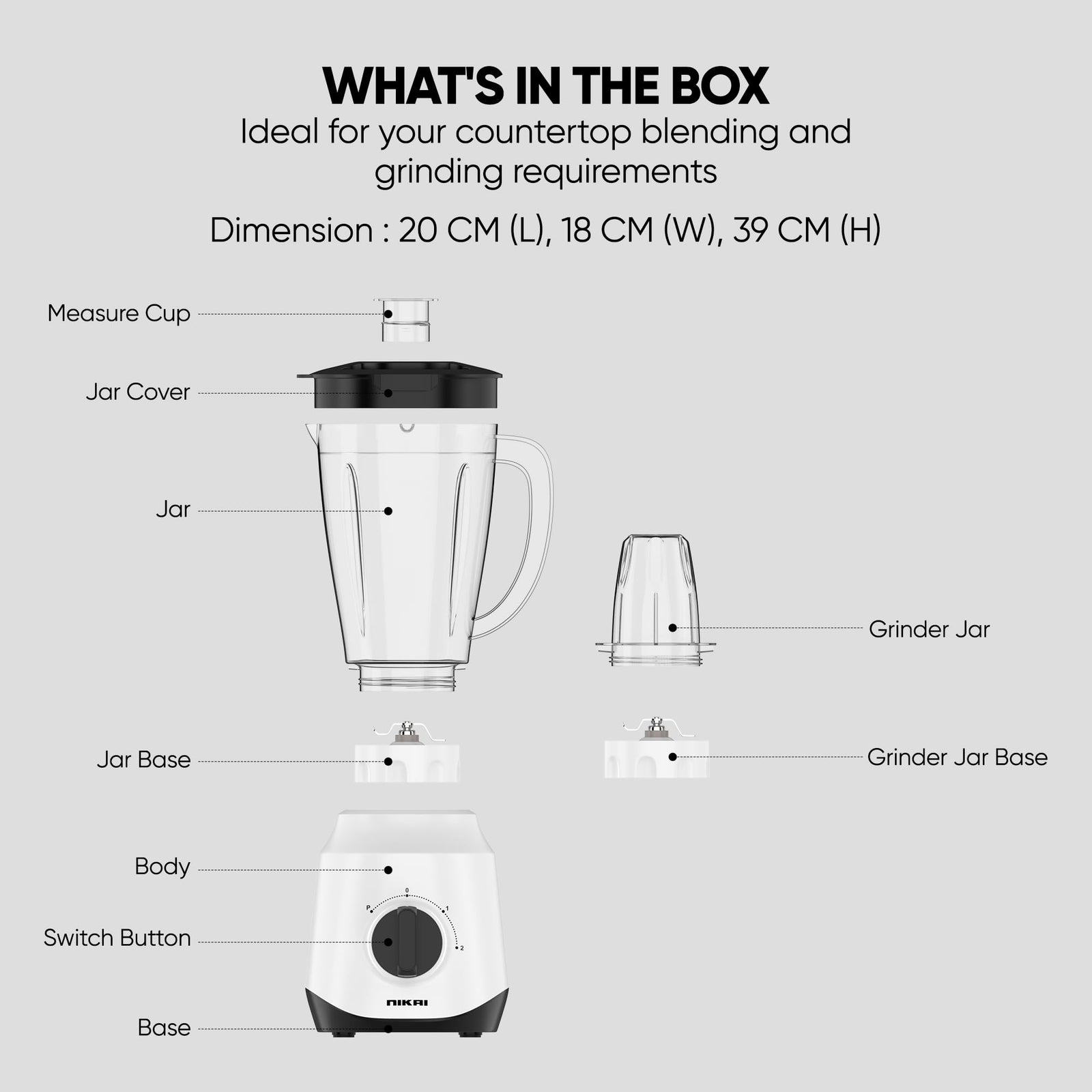 Nikai 450W 2-in-1 Blender 1.5 L Unbreakable PC Jar, 3 Speeds, Stainless Blades, Easy To Clean Detachable Parts, Perfect for Blending and Grinding - NB2511AX