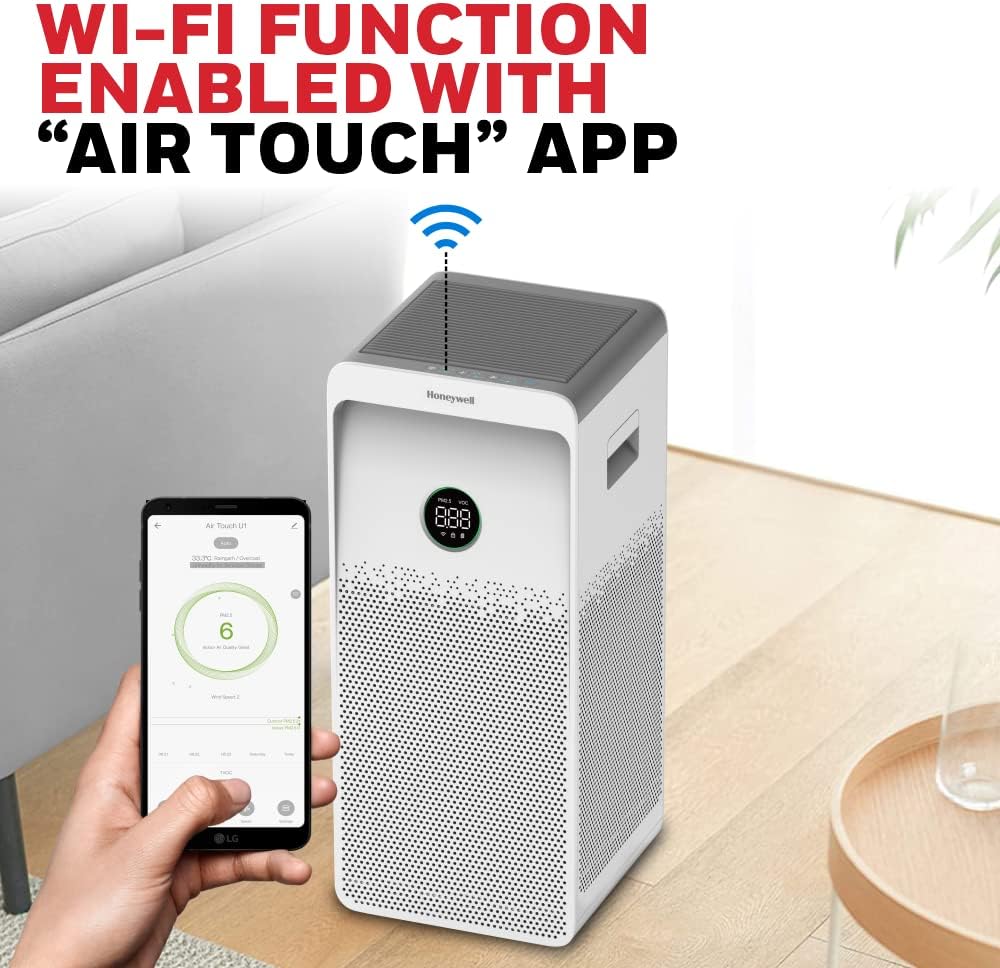 Honeywell Air touch U1 Indoor Air Purifier.ESMA Certified.Anti-Bacterial,H13 HEPA Filter,Activated Carbon Filter,removes 99.99% Pollutants Micro Allergens,UV LED, WIFI, Coverage 1085sq.ft