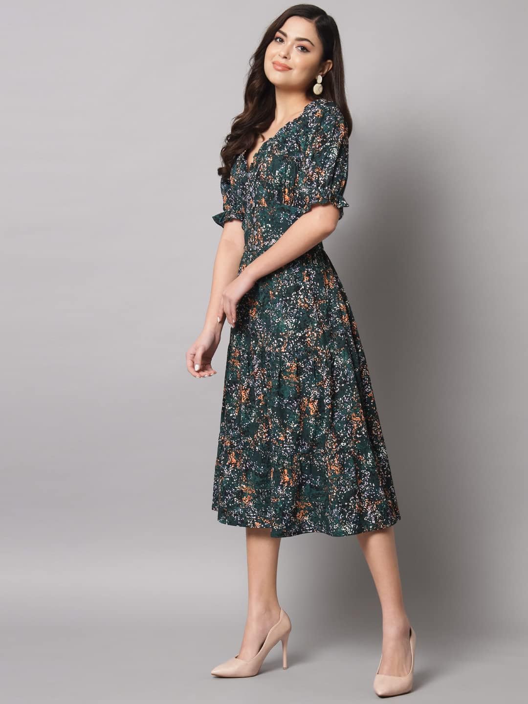 Styleville,A-Line Green Jungle Print Dress