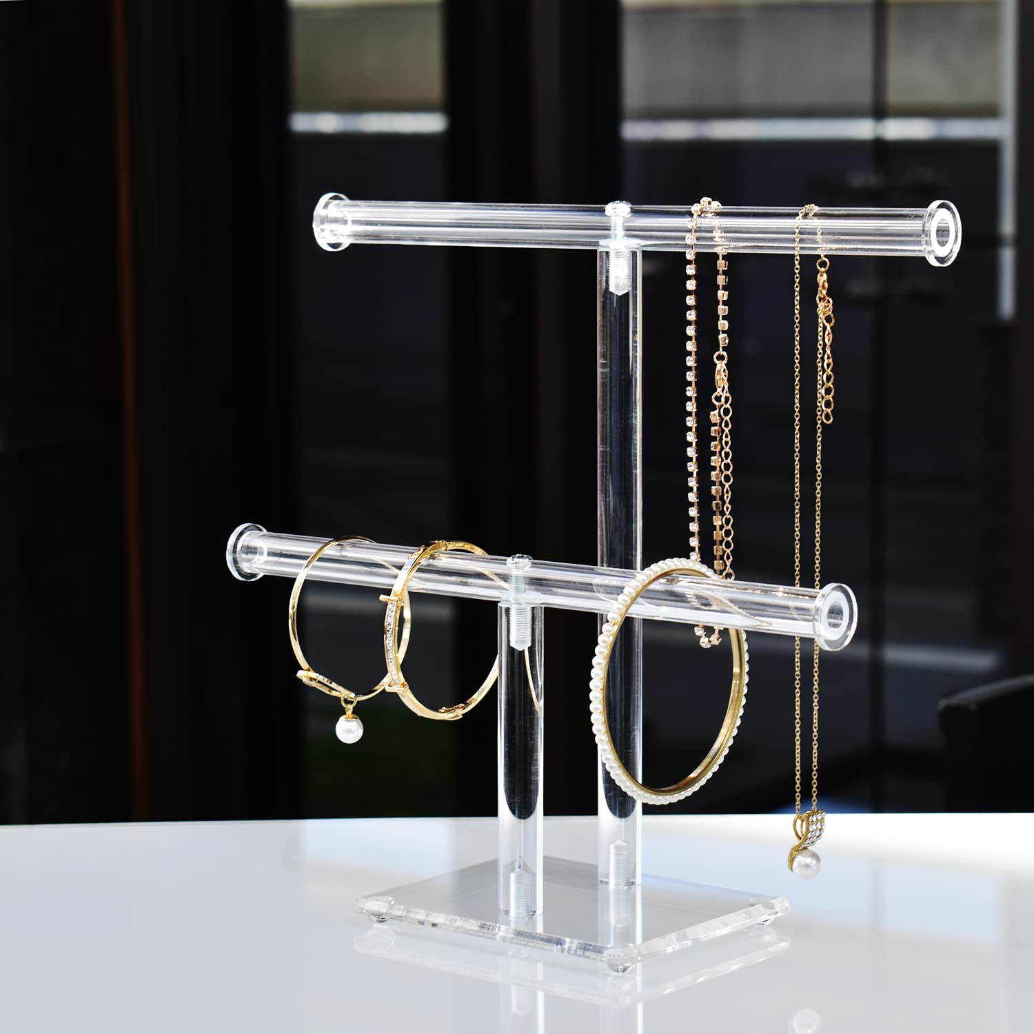 Mooca Deluxe Clear Acrylic Round Bracelet Display Holder 2 Tier T-bar Jewelry Display Bracelet Display Holder Stand Acrylic Bracelet Display Organizer Jewelry Holder (2-Bar)
