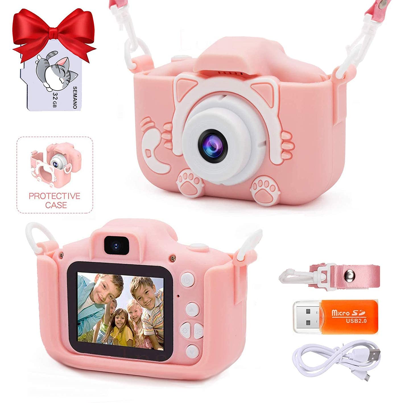 SEMANO Upgrade Kids Selfie Camera, Christmas Birthday Gifts for Girls Age 3-9, 20MP 1080P HD Digital Video Cameras for Toddler, Portable Toy for 3 4 5 6 7 8 9Year Old Girl with 32GB SD Card-Pink