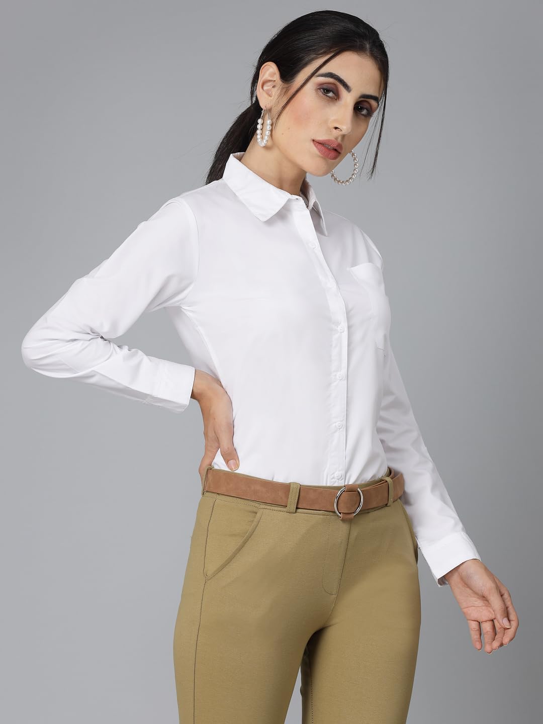 Krave Women White Cotton Blend Formal Long Sleeve Shirt