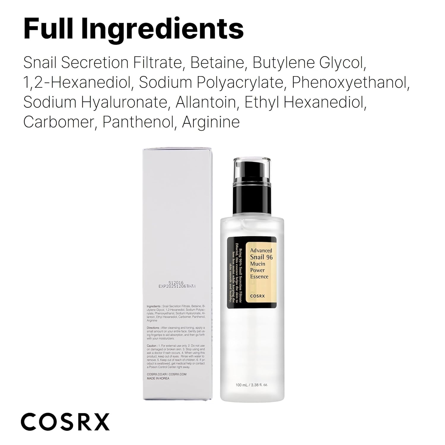 Cosrx, Advanced Snail 96 Mucin Power Essence , 3.38 Fl Oz (100 ml) -Open Box