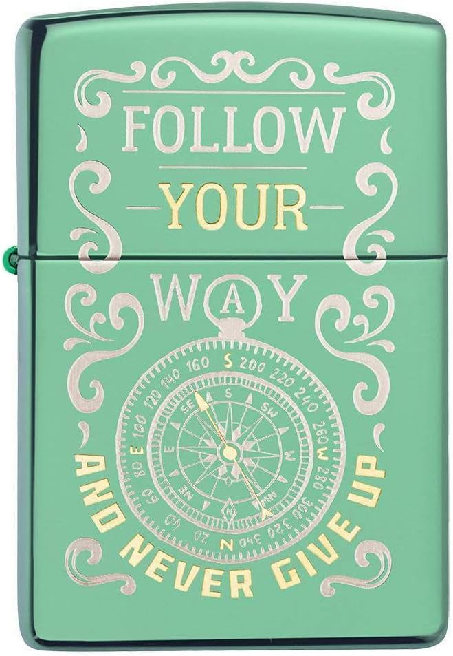 Zippo Follow Your Way Compass Design High Polish Windproof Lighter, Green, One Size