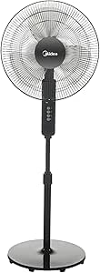 Midea Pedestal Stand Fan with SQD Motor, 16 inch, 3D Oscillation Directions, 3 Speed Levels & Adjustable Height, 3 Leaf Blade with 7.5 Hours Timer, Best for Home & Office, Black, FS4019K