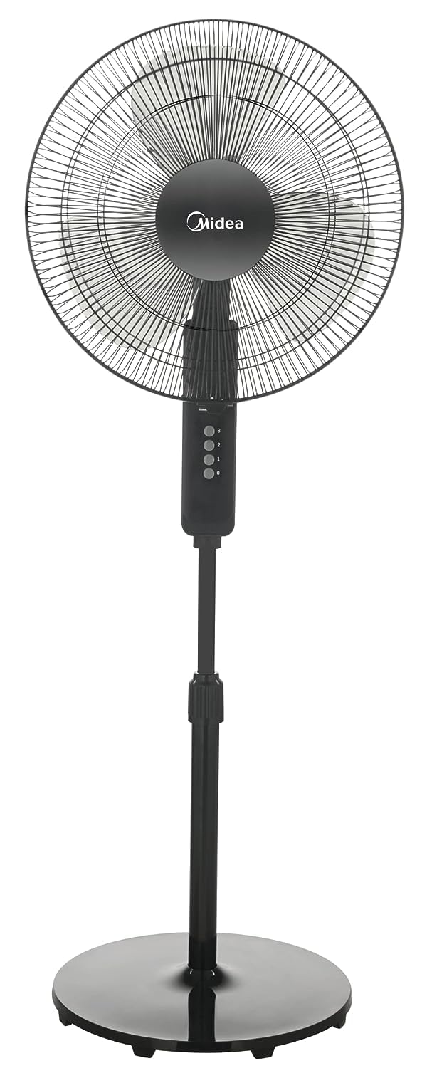 Midea Pedestal Stand Fan with SQD Motor, 16 inch, 3D Oscillation Directions, 3 Speed Levels & Adjustable Height, 3 Leaf Blade with 7.5 Hours Timer, Best for Home & Office, Black, FS4019K