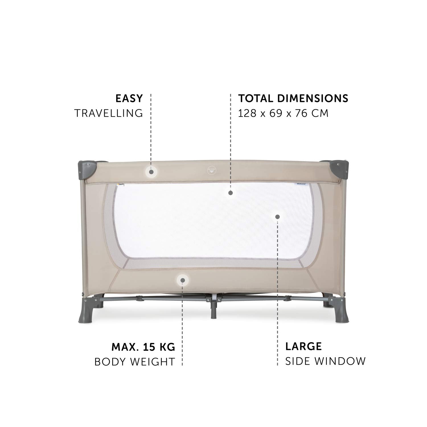 Hauck Dream N Play Travel Cot, Beige - Lightweight, Fast Folding & Compact, with Travel Bag, 120cm x 60cm, from Birth - 15kg