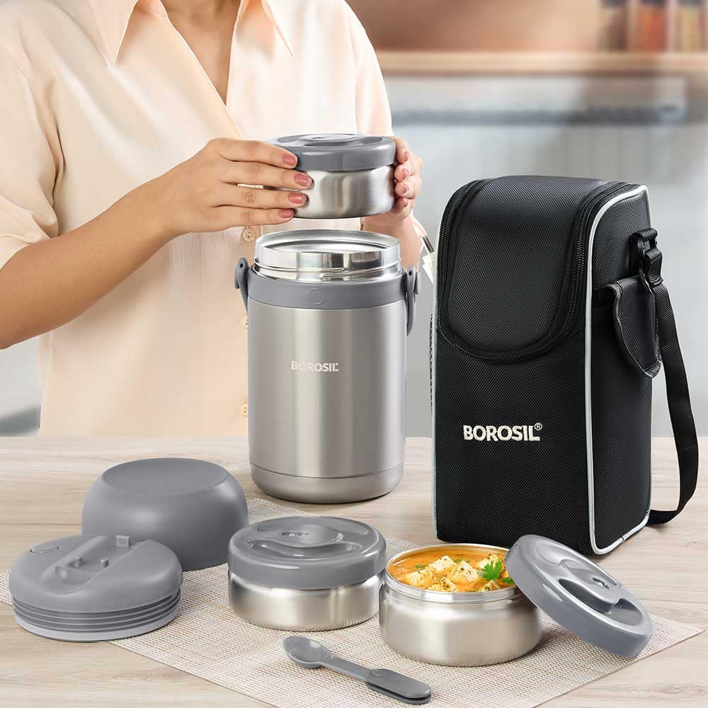 Borosil - Hot-N-Fresh Stainless Steel Insulated Lunch Box, Set of 3 (1pcs 350 ml + 2pcs 420 ml), Black