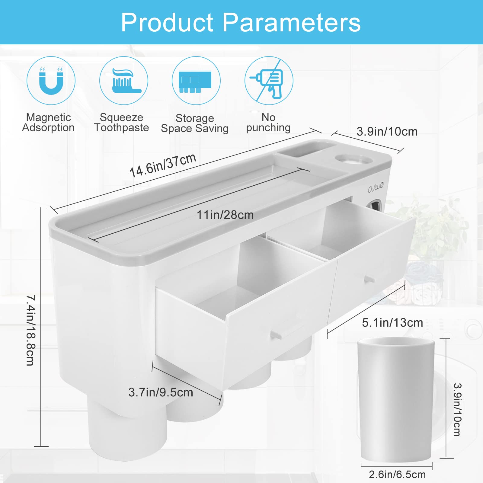 SKY-TOUCH Toothbrush Holders,Toothbrush Rack,Wall Mounted Multifunctional Space-Saving Toothbrush and Toothpaste Holder with Automatic Toothpaste Dispenser,for Washroom and Bathroom,4 Cups