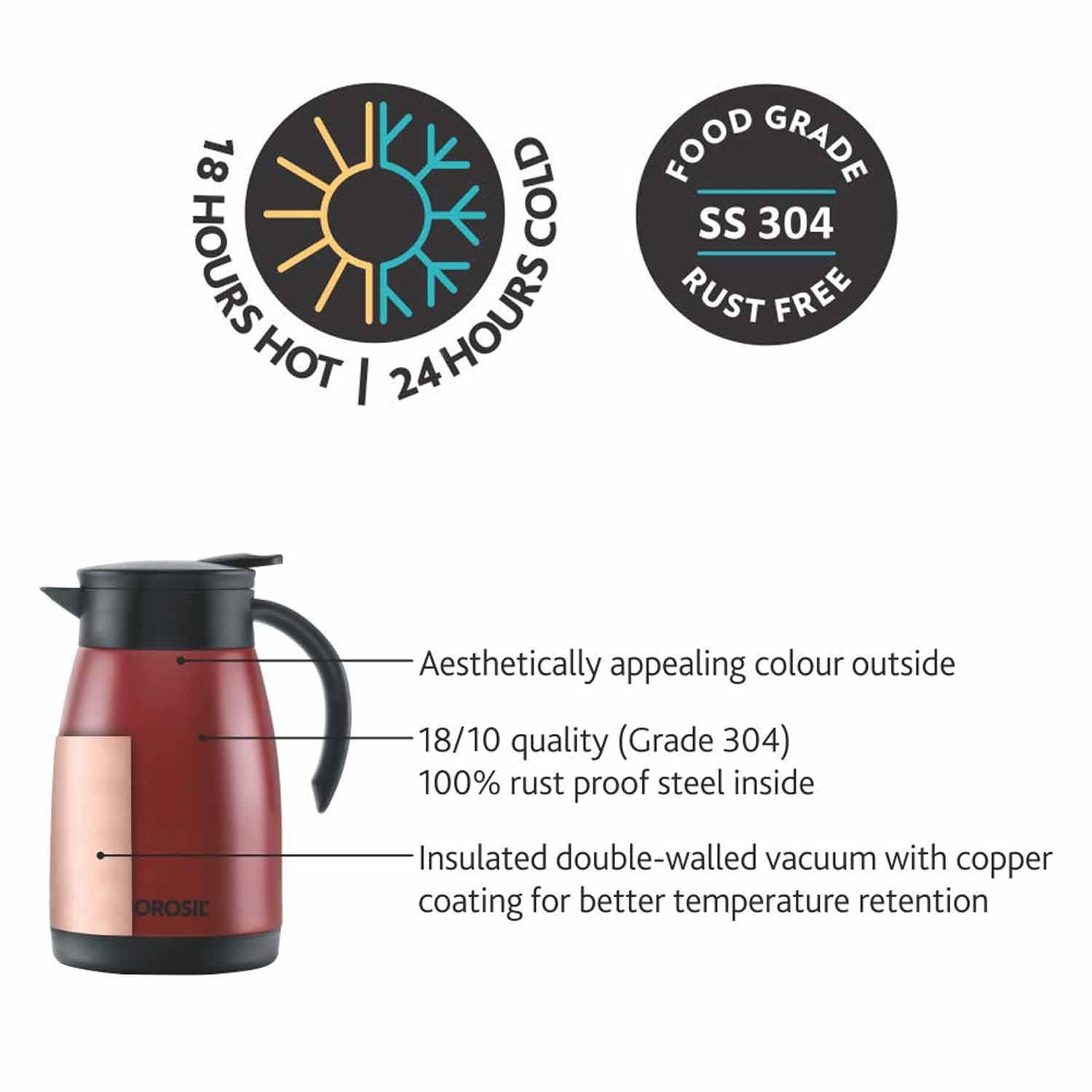 BOROSIL VACUUM INSULATED STAINLESS STEEL TEAPOT | TEA POT | THERMAL FLASK | THERMOS | CARAFE | JUG | COFFEE POT | FOR WATER, COFFEE, TEA | RED 1.5 LITER