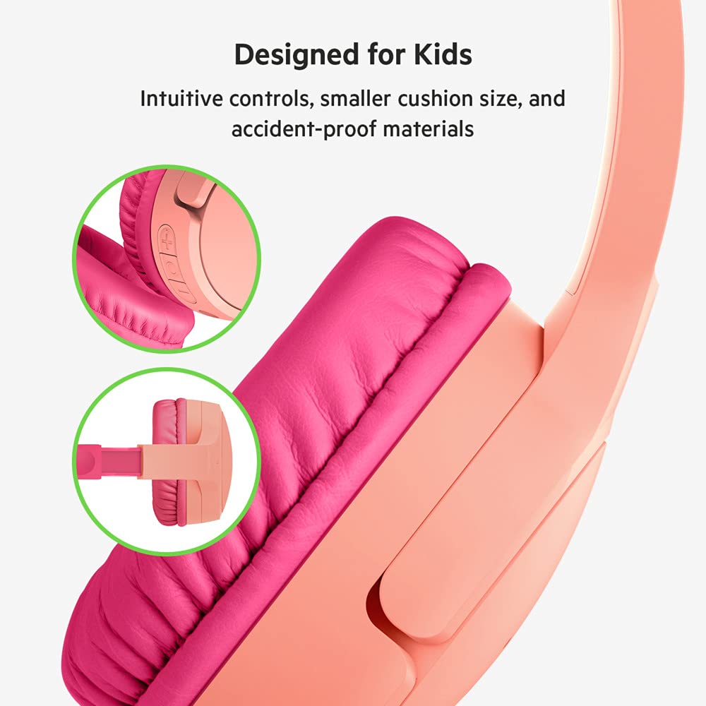 Belkin SoundForm Kids On Ear Wireless Headphones (with Built in Microphone, Girls and Boys For Online Learning, School, Travel, Compatible with iPhones, iPads, Galaxy and more) - Pink