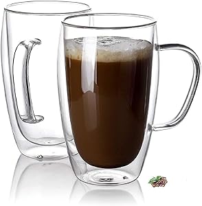 1CHASE® Double Walled Glass Coffee Cups, Set of 2 Large Glass Tea Cup with Handle, 450ml Tall Insulated Coffee Mugs Perfect for Cappuccino, Macchiato, Latte, Tea, Juice, Iced & Hot Beverages