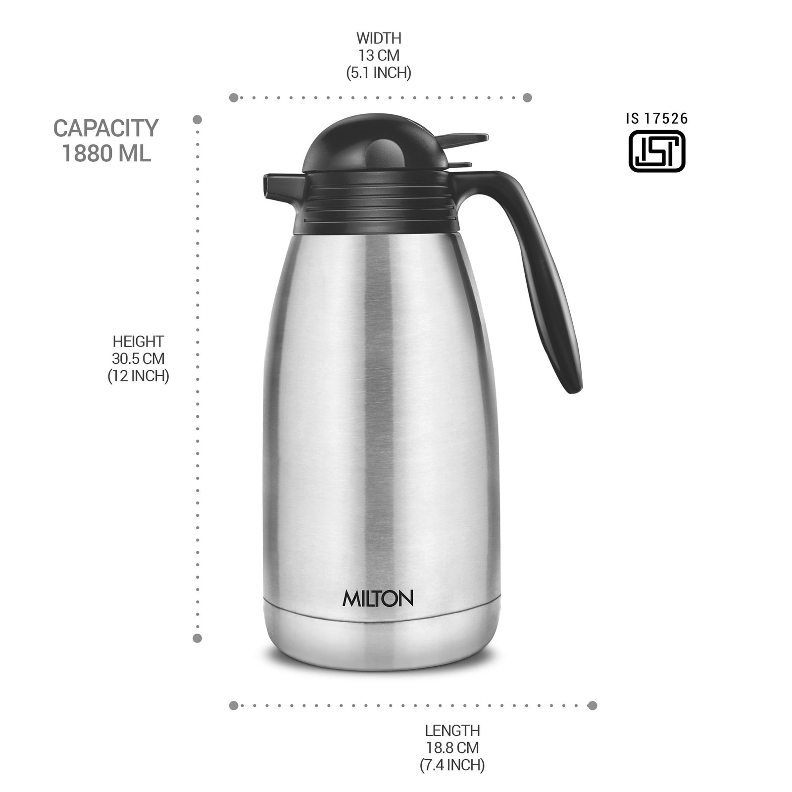 MILTON 2000ml Vacuum Insulated Tea/Coffee Pot with Press Lid, Keeps Drinks Hot and Cold for 24 Hours, 18/8 Stainless Steel Carafe, Double-Walled Flask with Inner Copper Coating - Classic - Silver