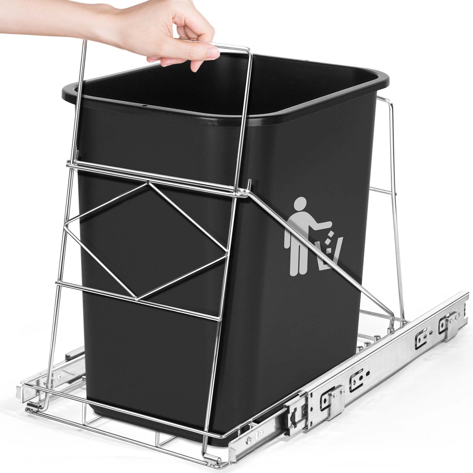 Harhana Pull Out Trash Can Under Cabinet, Kitchen Trash Can Pull Out Shelf with Full-Extension Slides, Stainless Steel