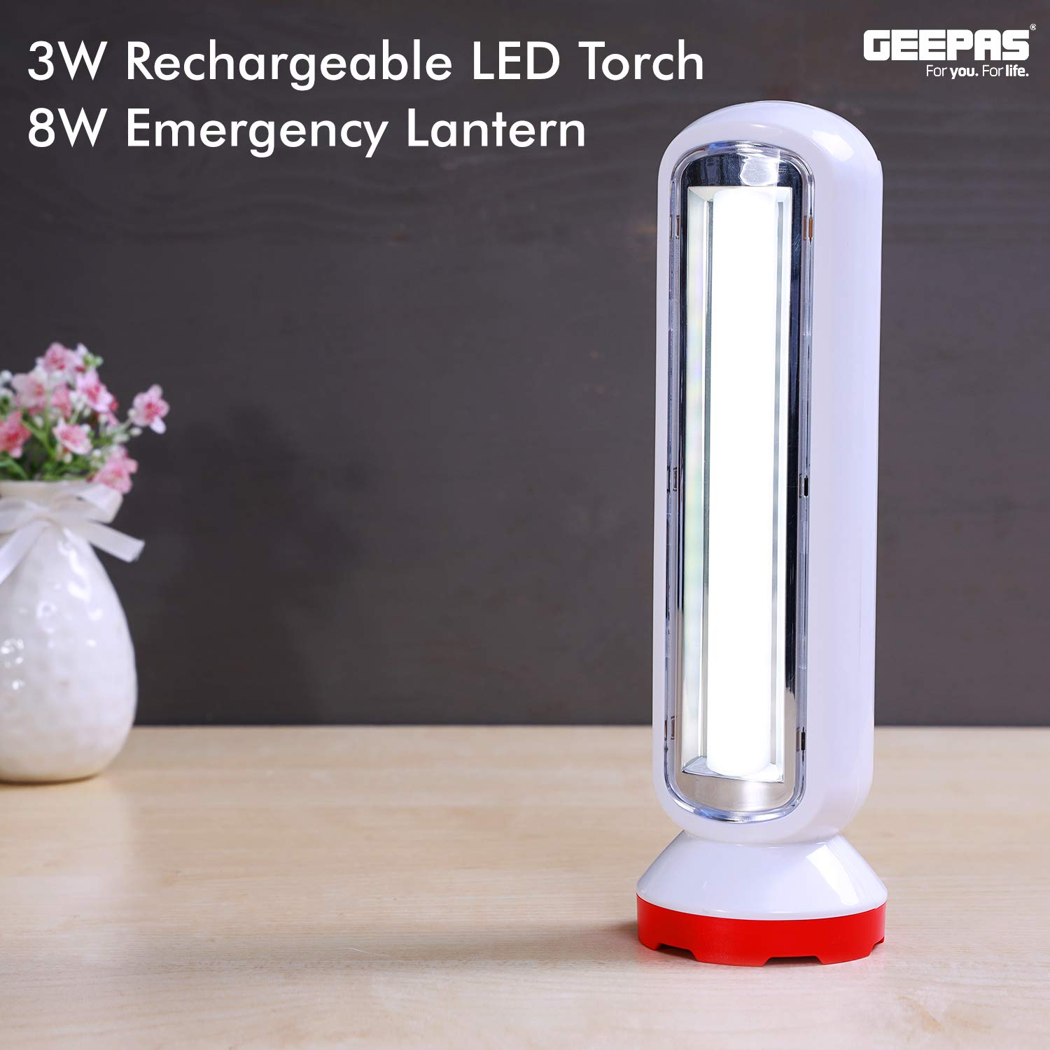 Geepas GFL4663 3W Rechargeable LED Torch with 8W Emergency Lantern, Plastic