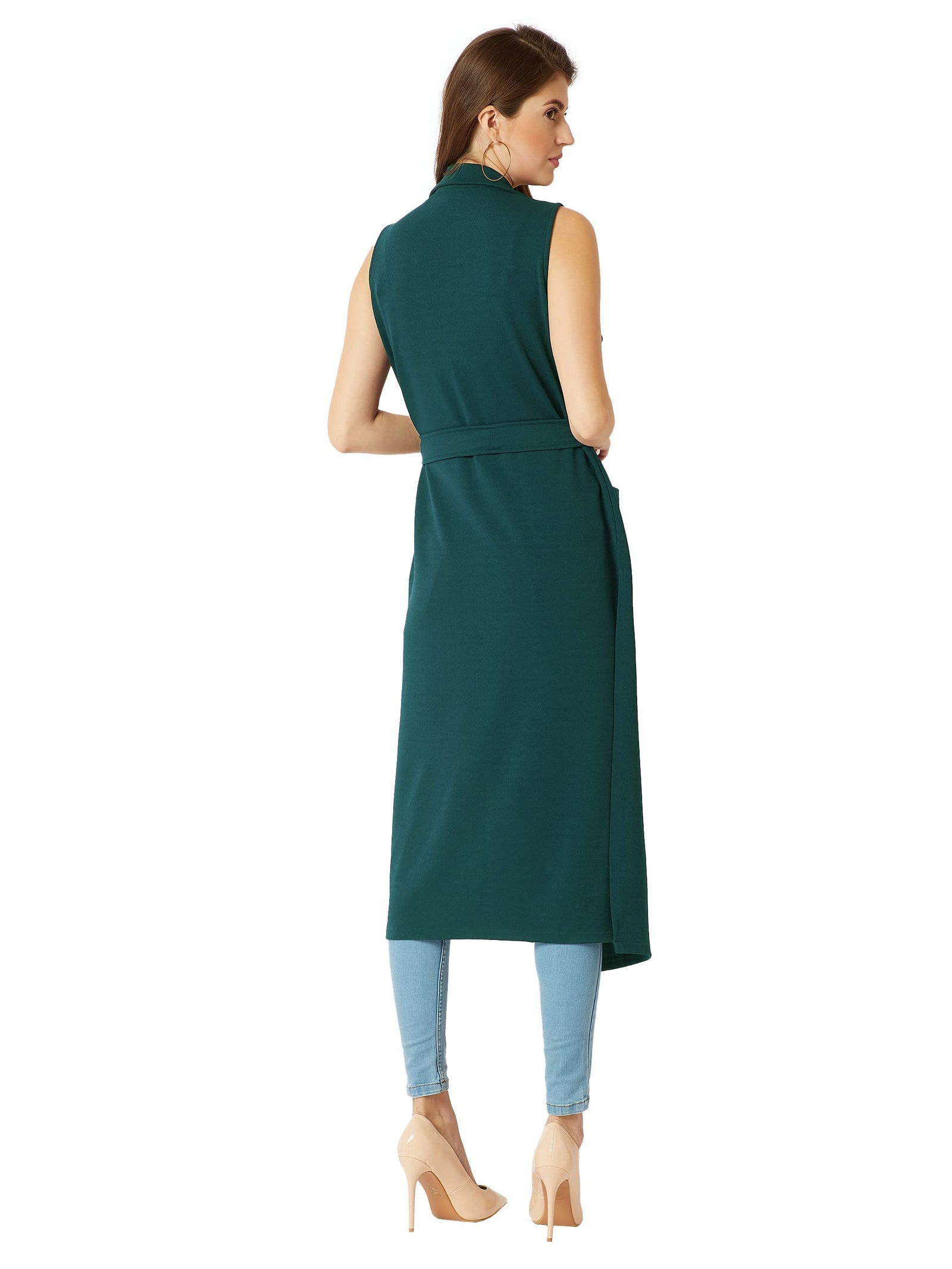 Miss Olive Women's Dark Green Collared Sleeveless Solid Belted Midi Longline Jacket (MOAW18JKT02-59-282-05).Dark Green.M