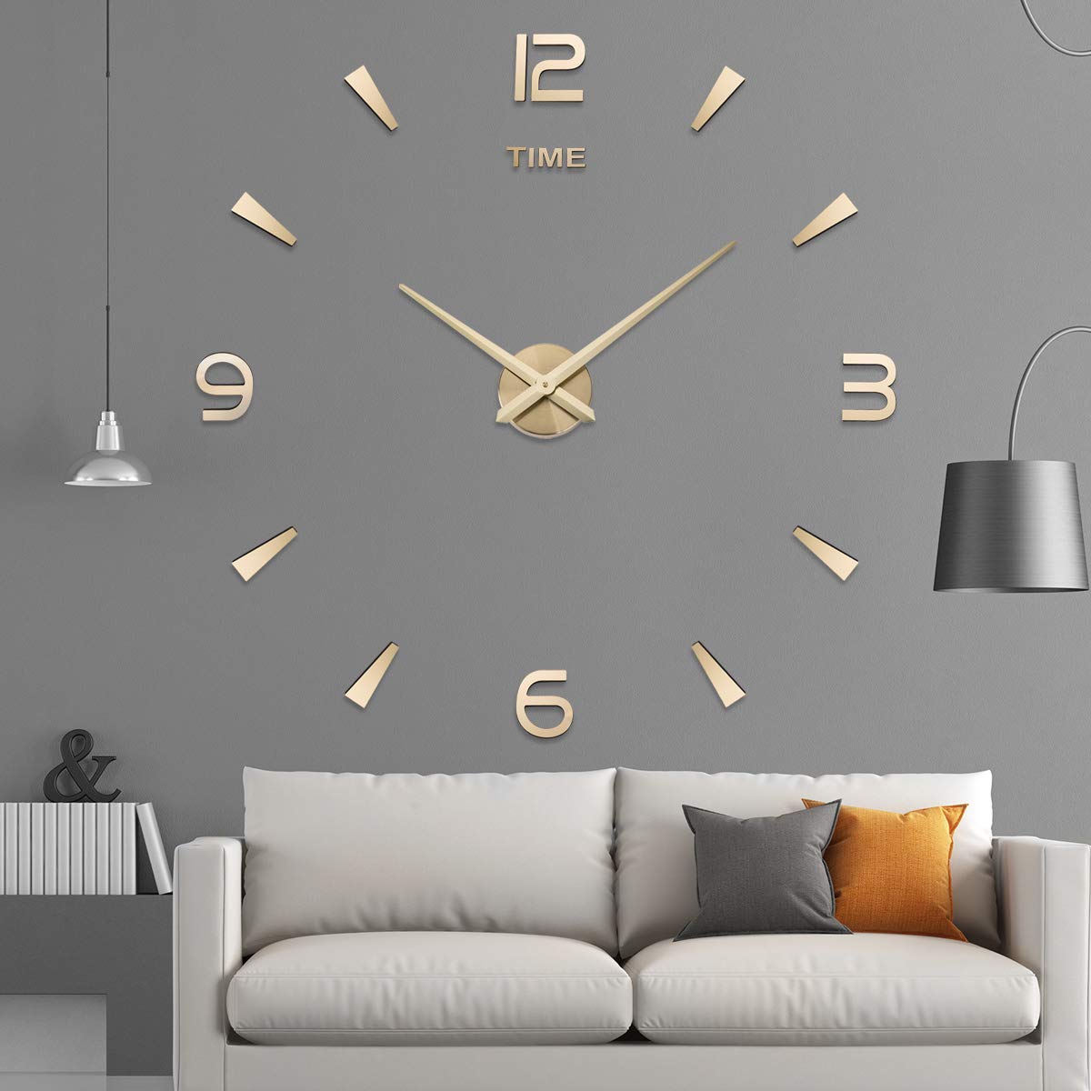 Aililife 3D DIY Wall Clock Decor Sticker Mirror Frameless Large DIY Wall Clock Kit for Home Living Room Bedroom Office Decoration (Gold)