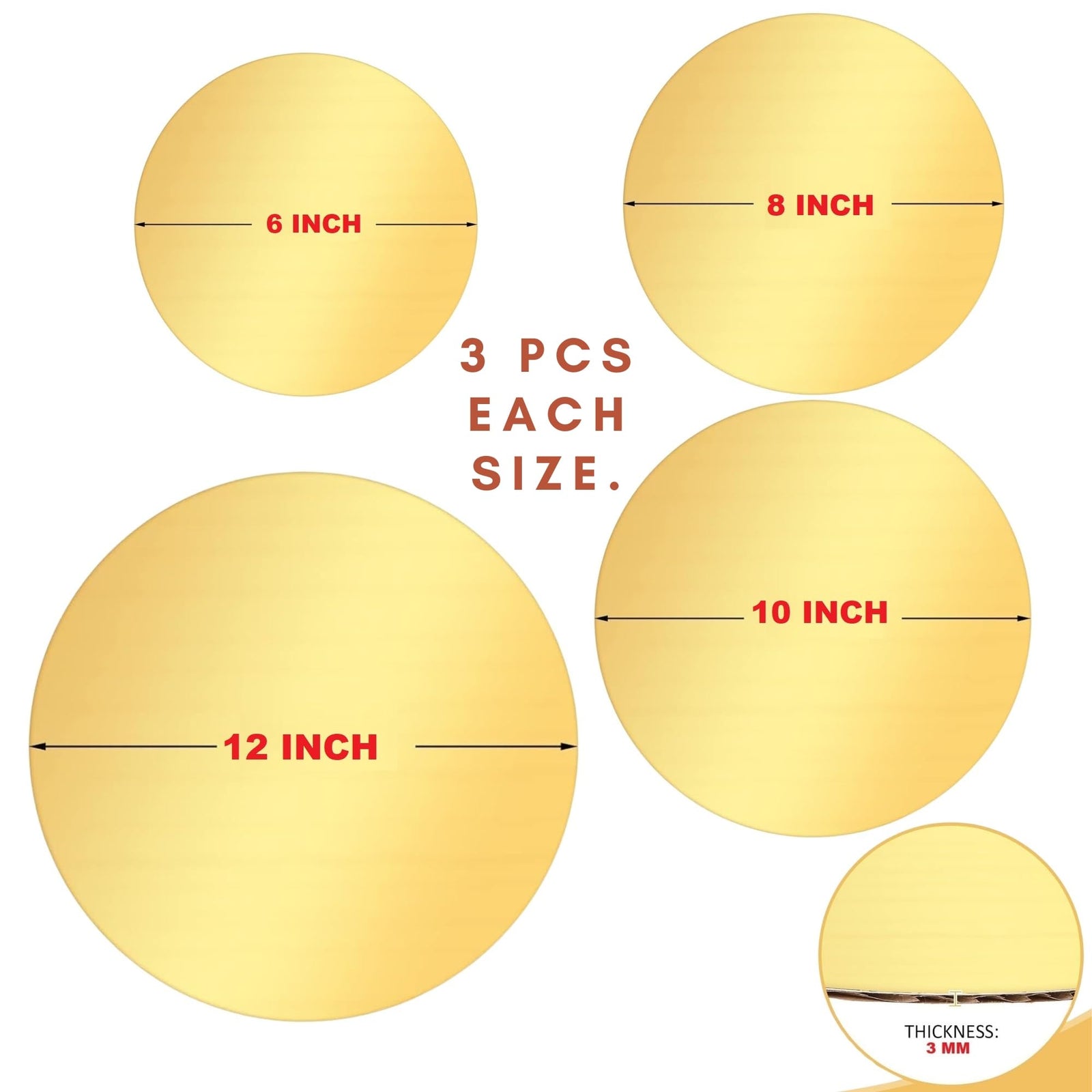 Al FAKHAMA 12 Pack Cake Boards, 6, 8, 10, 12 Inch Round Cake Circles, Cake Base Cardboards 3 of Each Size for Cake Decorating, Gold - Pack Of 12