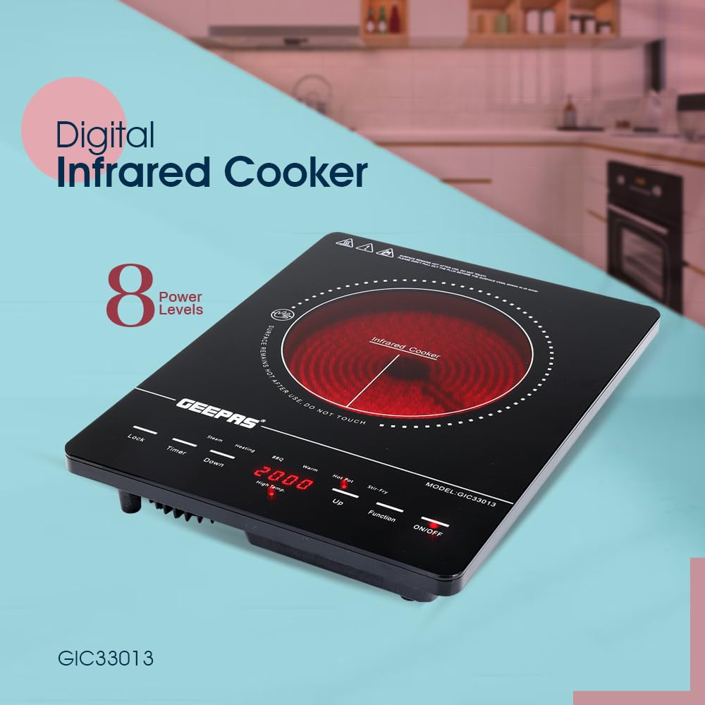 Geepas 4 Digit LED Display Digital Infrared Cooker, GIC33013 | 8 Temperature Settings | 3hrs Programmable Timer | 2000W Ceramic Heating Element
