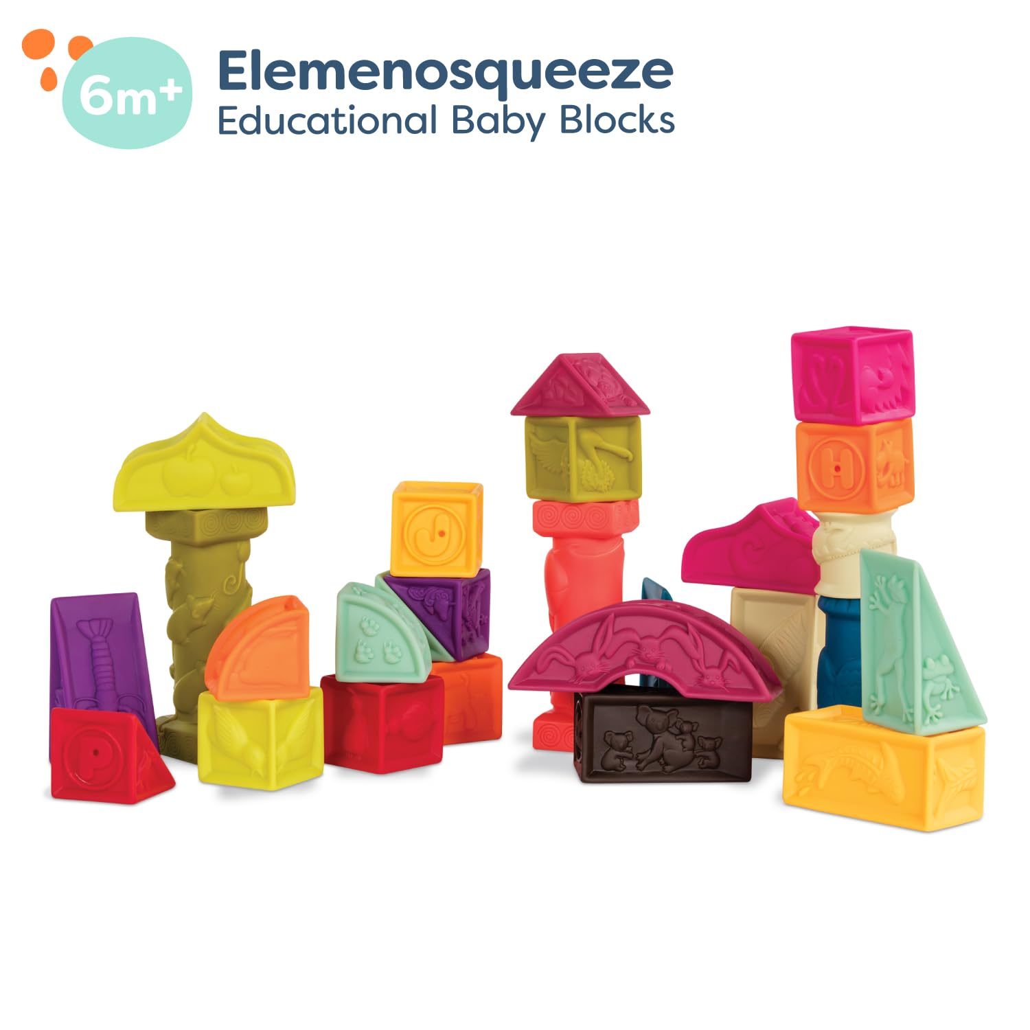 B. toys - Elemenosqueeze Baby Blocks - 26 Stacking Blocks with Shapes, Numbers, Animals & Textures - BPA-Free Soft Blocks for Babies 6m+ (26 pcs)