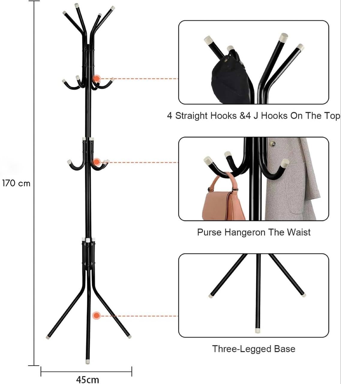 MARKQ Clothes Hanging Stand with 12 hooks Coat Rack for Hat Handbag Scarf Abaya Hijabs Jacket Umbrella Entryway Bedroom Hallway Dormitory Office Cloth Stand Rack, Black