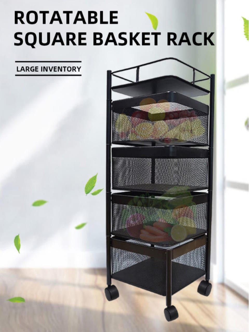 JSAAH Kitchen Rotating Fruit & Vegetable Basket Portable Storage Rack Rotationg Storage Kitchen Trolley of Fruits & Vegetable Kitchen Stand (Black)(Square, 4 Layer)