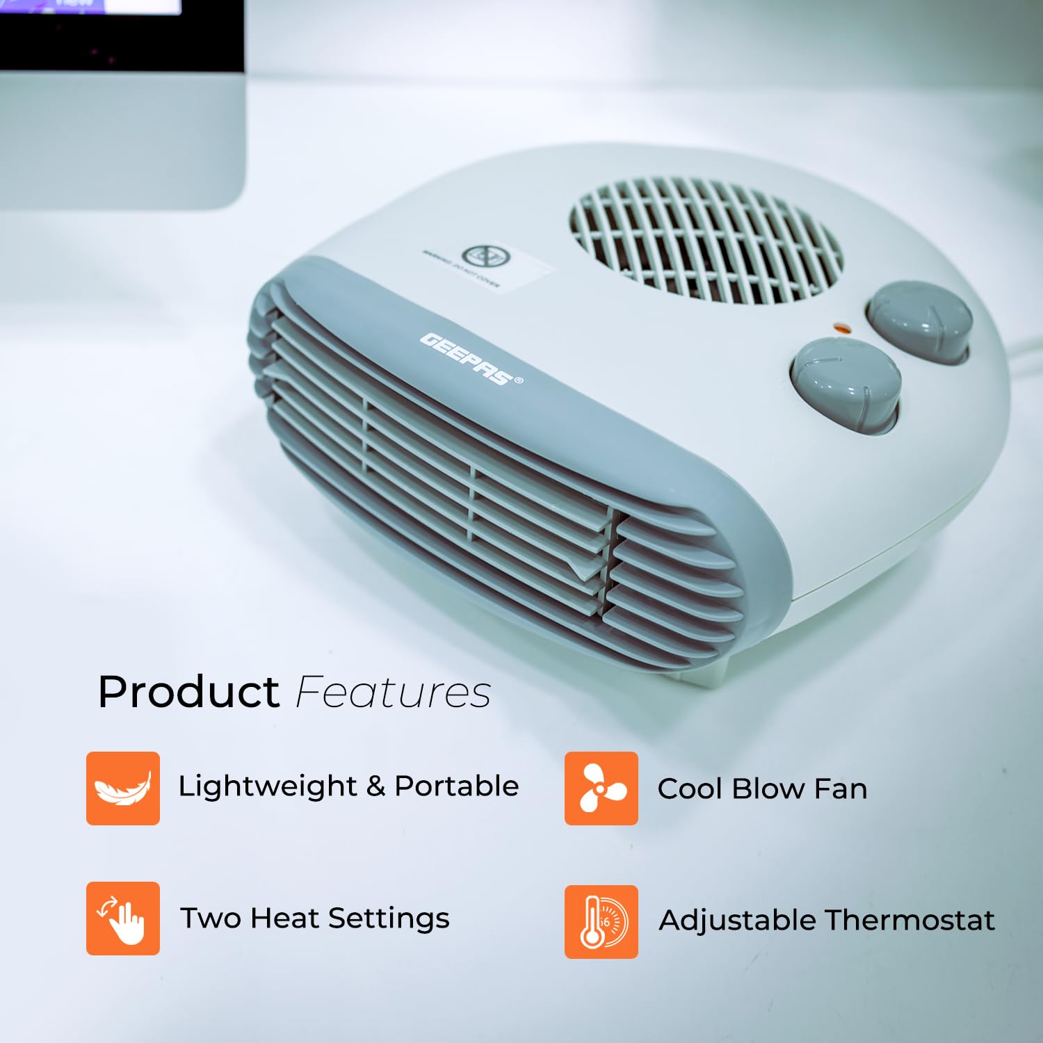 Geepas Portable Flat Fan Heater – Upright or Flatbed, Adjustable Thermostat with 2 Heat Settings 1000-2000W & Overheat Protection - Lightweight Heater with Cool, Warm & Hot Wind