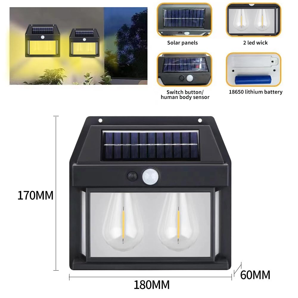 YZYOE Outdoor Lighting Solar Dual Core Warm Light Wall Lamp， Wireless Dusk to Dawn Motion Sensor LED Sconce Lights IP65 Waterproof.