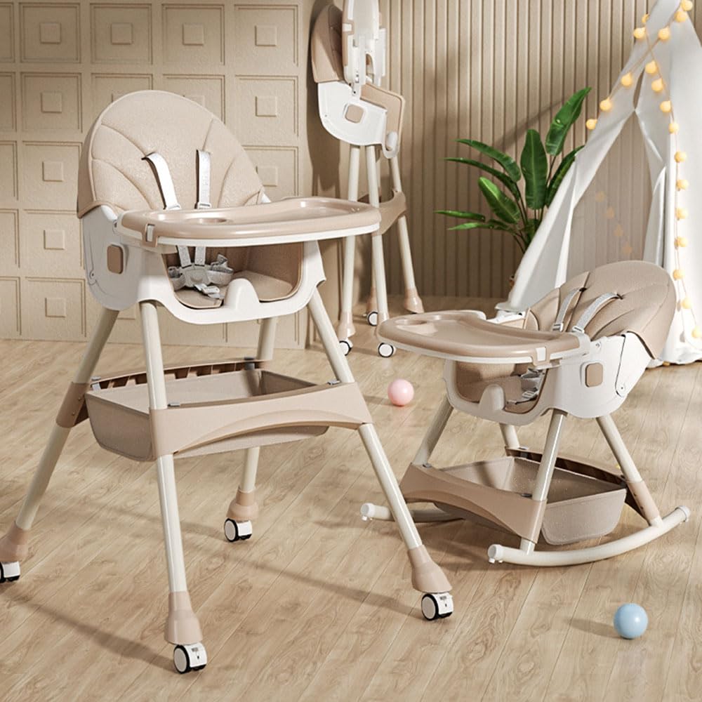 2-1 Baby High Chair, Foldable Infant Dining Chair Rocking Chair, Multifunctional Toddler Kids Feeding Chair, 3Gears Adjustable Recliner Chair with Eating Food Tary & 360° Wheels (Khaki)