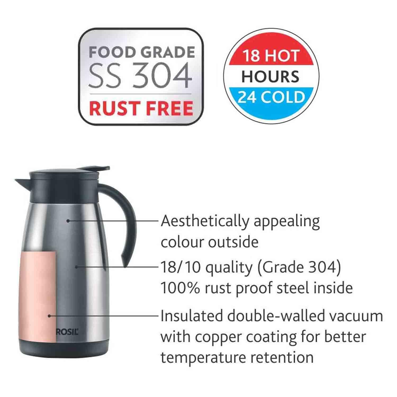 BOROSIL VACUUM INSULATED STAINLESS STEEL TEAPOT | TEA POT | THERMAL FLASK | THERMOS | CARAFE | JUG | COFFEE POT | FOR WATER, COFFEE, TEA | 1 LITER SILVER