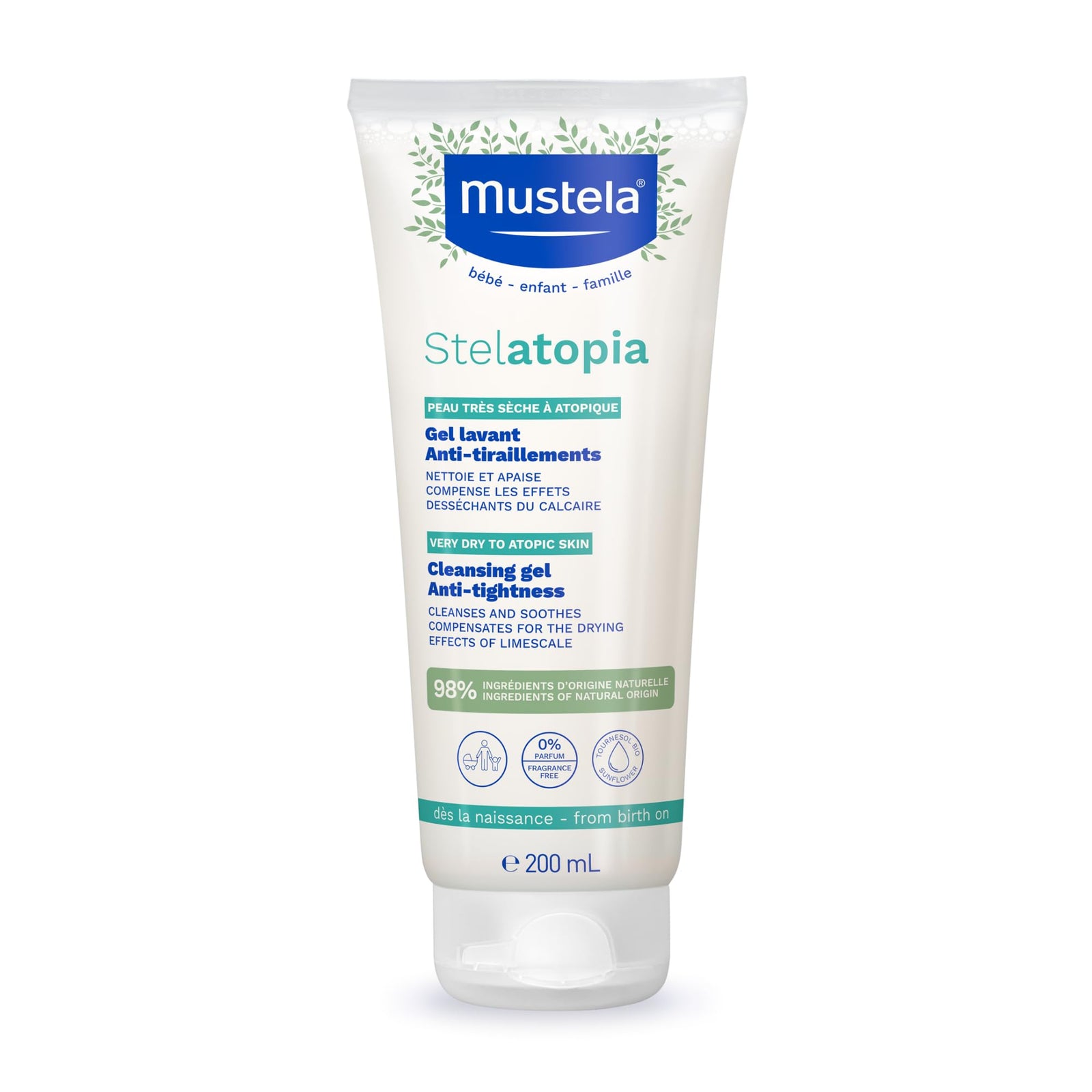 Mustela Stelatopia Eczema-Prone Skin Cleansing Gel - Baby Face & Body Wash with Natural Avocado & Sunflower Oil - Fragrance-Free & Tear Free - 200ml