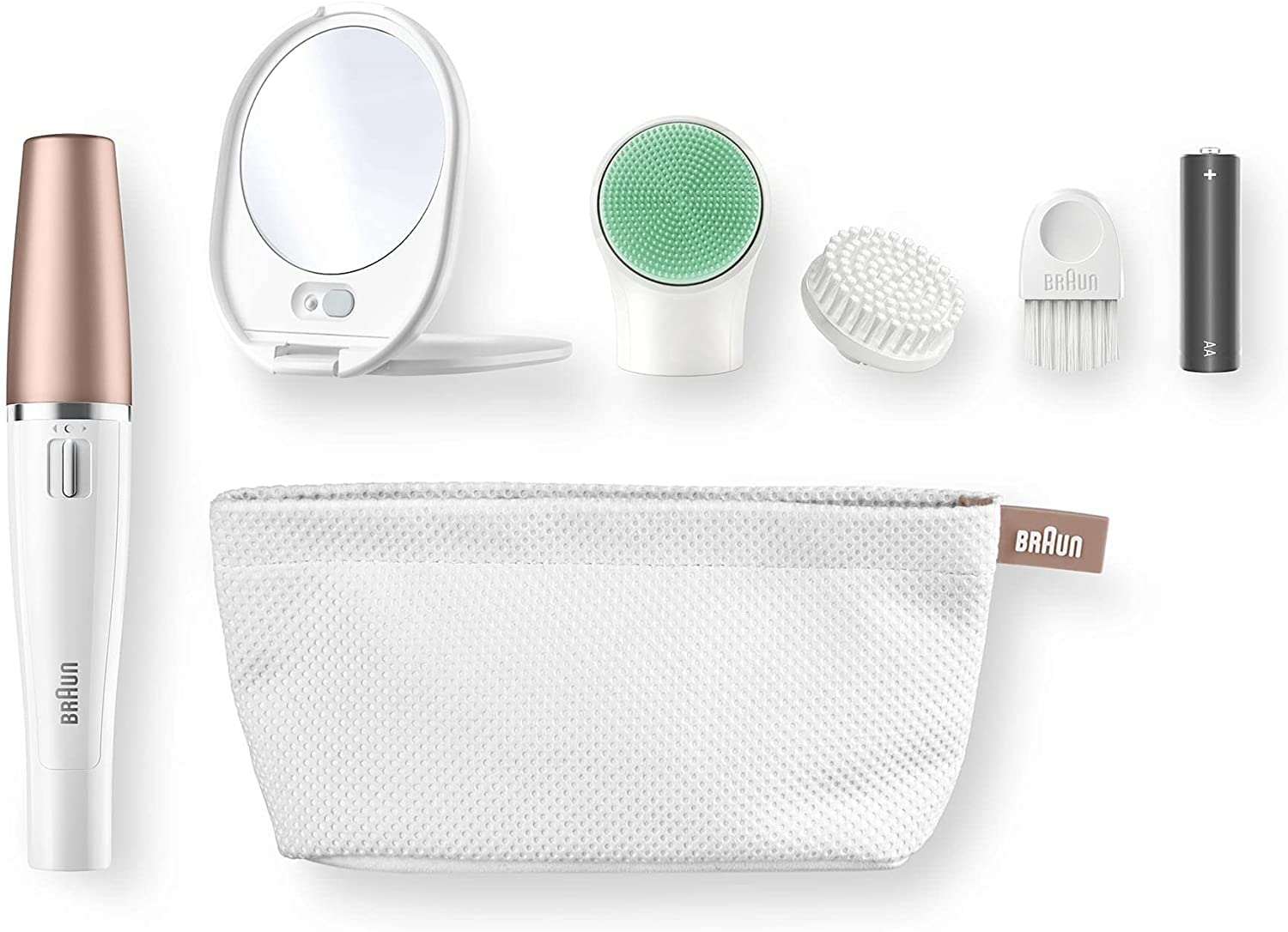 Braun FaceSpa Face Epilator, Hair Removal with Facial Cleansing Brush Head, Lighted Mirror and Beauty Pouch, 851V, White