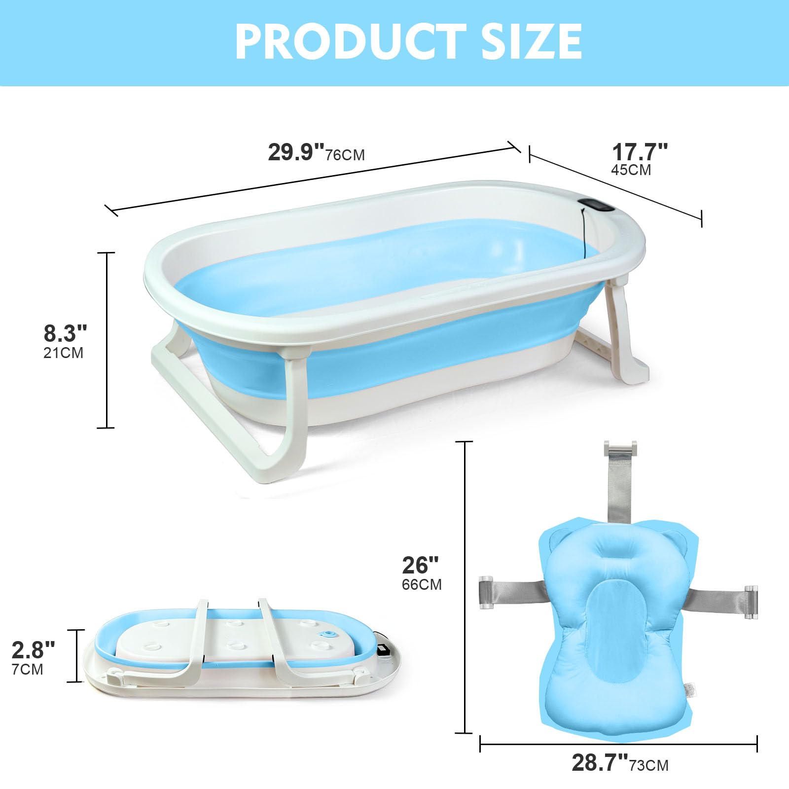 SKY-TOUCH Baby Foldable Bath Tub with Bathmat Cushion & Thermometer, Portable Baby Bathtub with Drain Hole, Shower Basin with Non-Slip Support Leg for 0-6 Years Boy Girl (Blue)